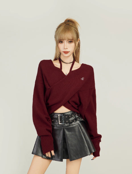 Wine Red V-neck Off-shoulder Short Sweater For Women