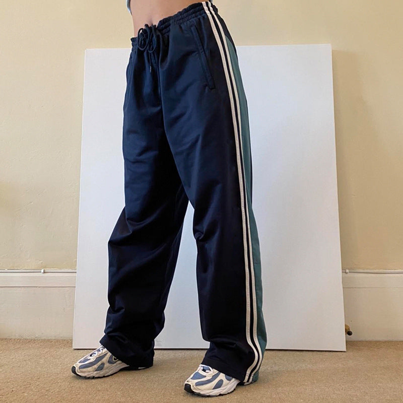 Loose Version Of Personalized Street Color-blocking Design Ribbon Women's Casual Pants