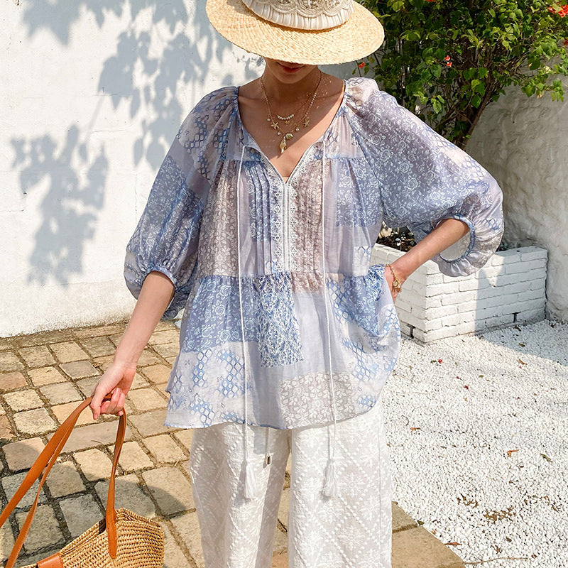 Printed Vacation-Style Blouse Womens Bohemian Sun-Protective Top