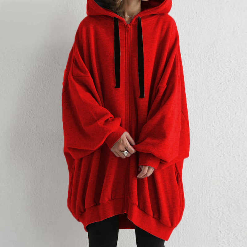 Women's Solid Color European And American Loose Sweater Fashion Hooded Zipper