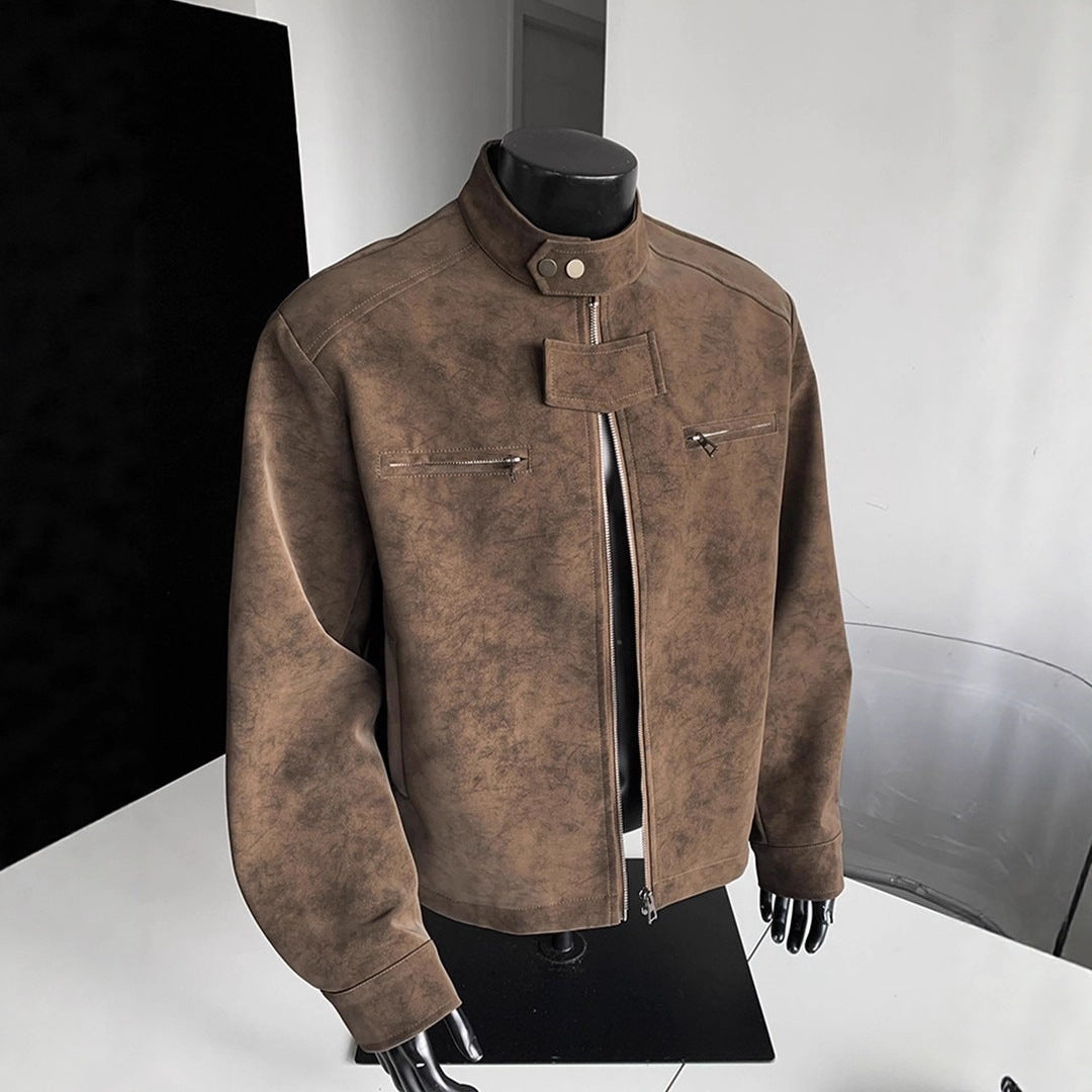 Vintage PU Leather Stand-Up Collar Biker Jacket