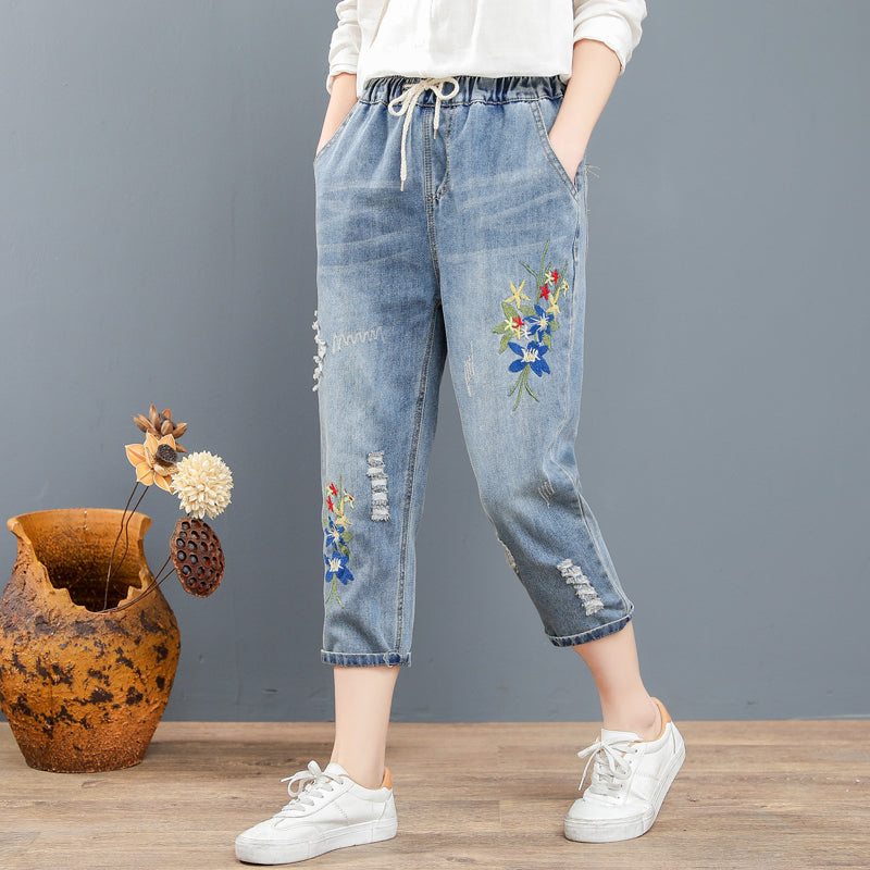 Kvinders Broderede Hul Otte-punkts Harem Bukser Broderede Blomster Sommerbukser