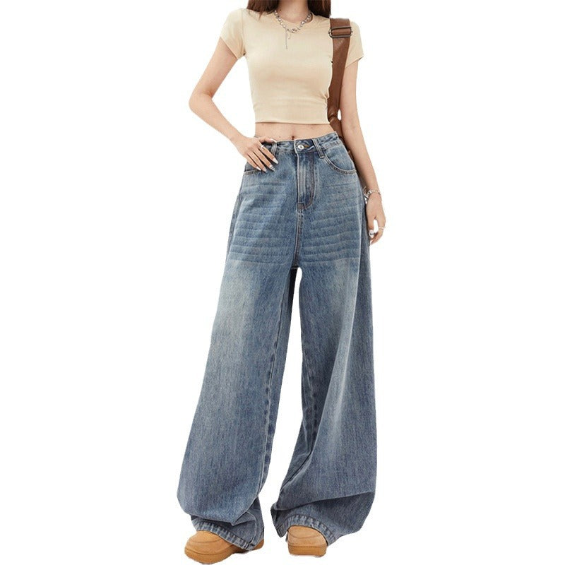 Højtaljede vide ben jeans til kvinder - baggy lige bukser