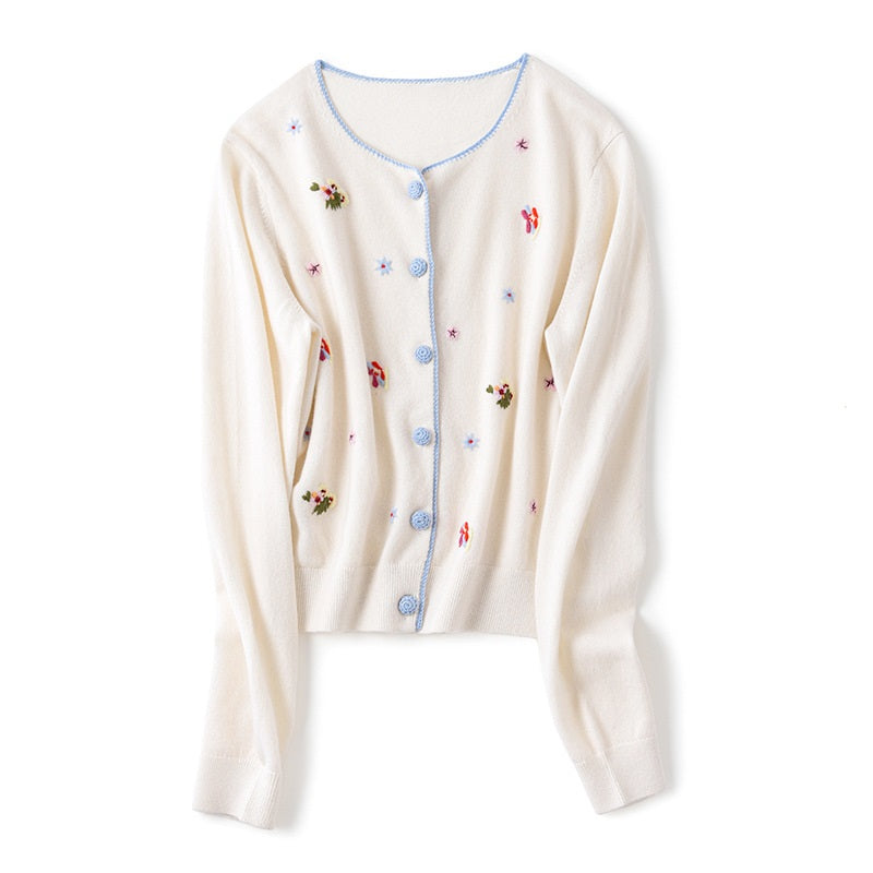 New Round Neck Handmade Embroidery Pure Cashmere Sweater Female