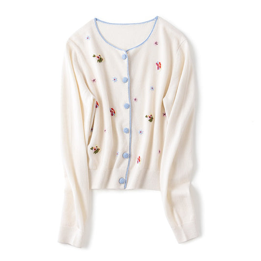 New Round Neck Handmade Embroidery Pure Cashmere Sweater Female