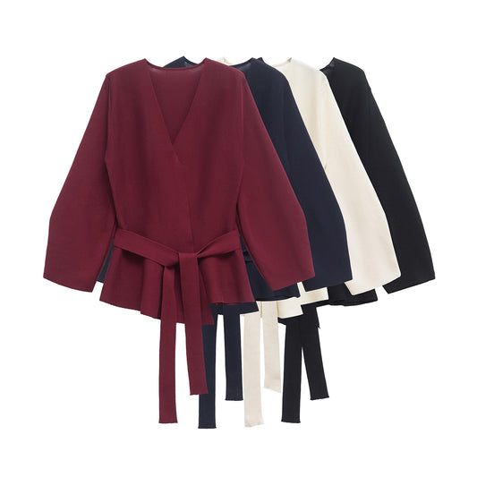 Fashionable Knitted Womens Long Sleeve Top With A Belt