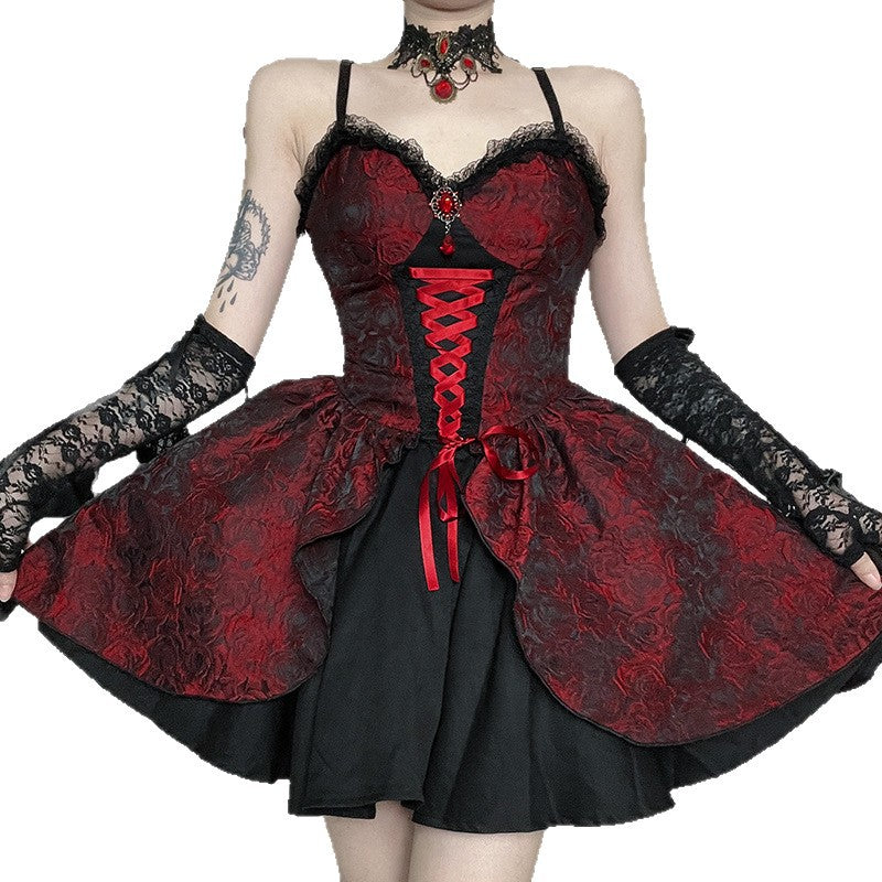 Gothic Black And Red Jacquard Dress
