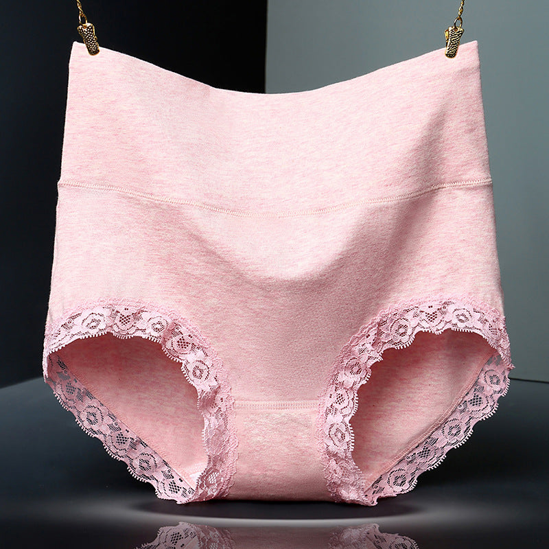Solid Color Lace Trim Pure Cotton High Waist Briefs
