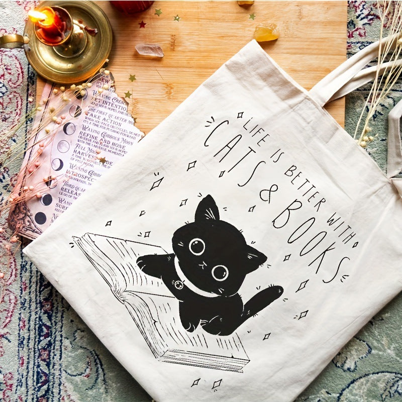 Fashion Durable One Shoulder Cat And Book Large Capacity Canvas Bag