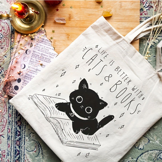 Fashion Durable One Shoulder Cat And Book Large Capacity Canvas Bag