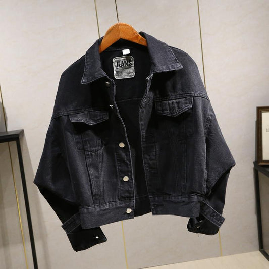 Forår og efterår koreansk stil løs denimjakke kvinder alsidig flagermusærmet sort