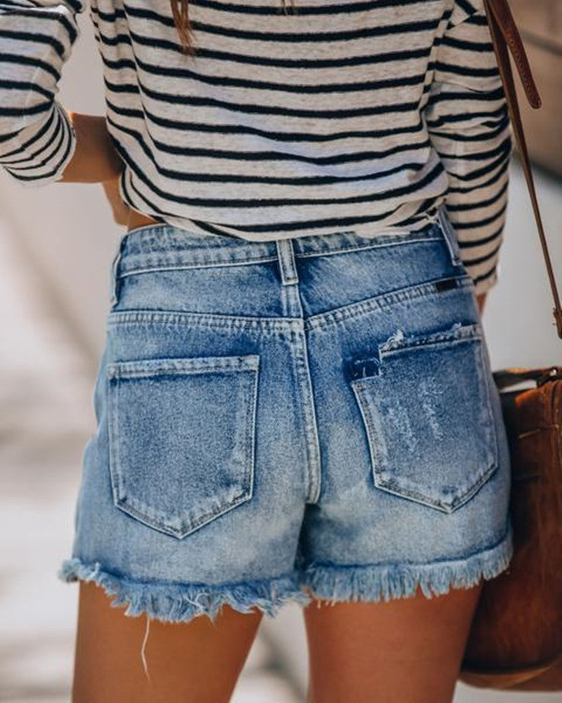 Button Hole Fringed Jeans Shorts Hot Pants