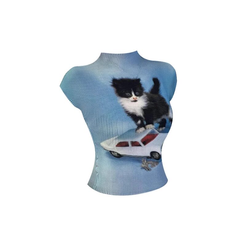 American-style Chic Cartoon Cat Print Ruffled T-shirt