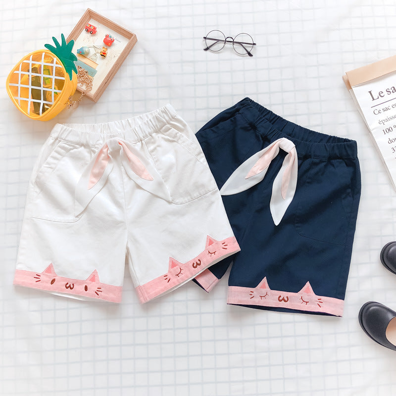 Embroidered bow tie elastic waist casual shorts