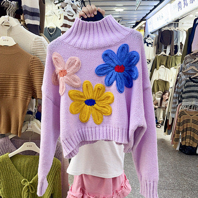 Three-dimensional Flower Temperament High Collar Long-sleeved Sweater