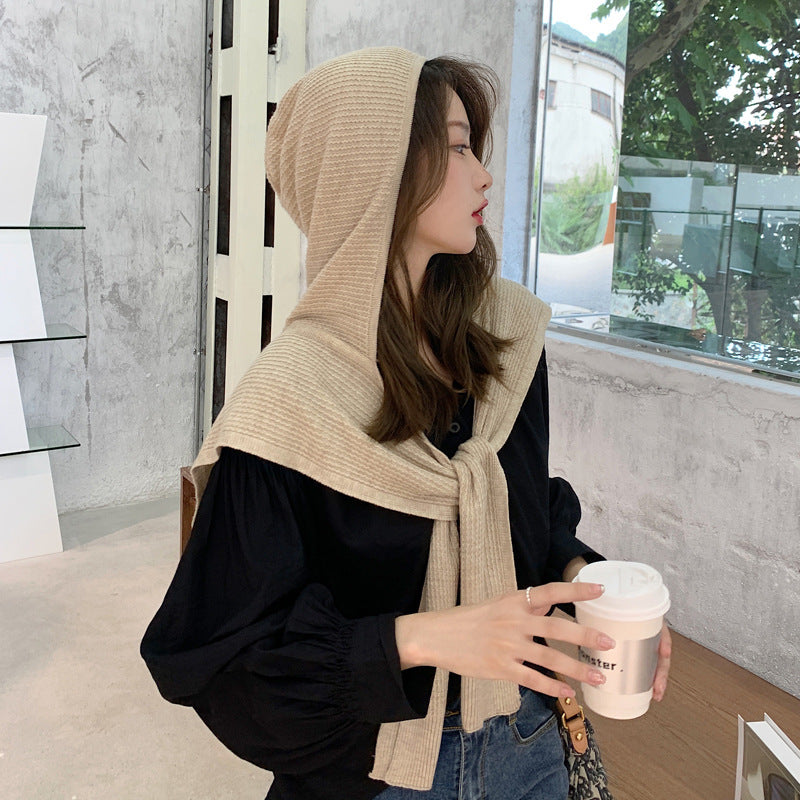 Women's Autumn Winter Wool Straight Stripe Hooded Shawl