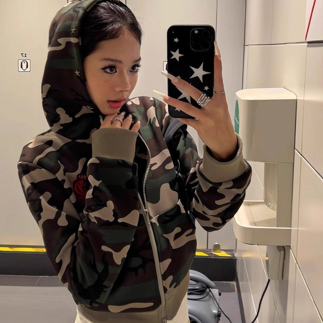 Women's Camouflage Hoodie Short SpringAutumn Coat