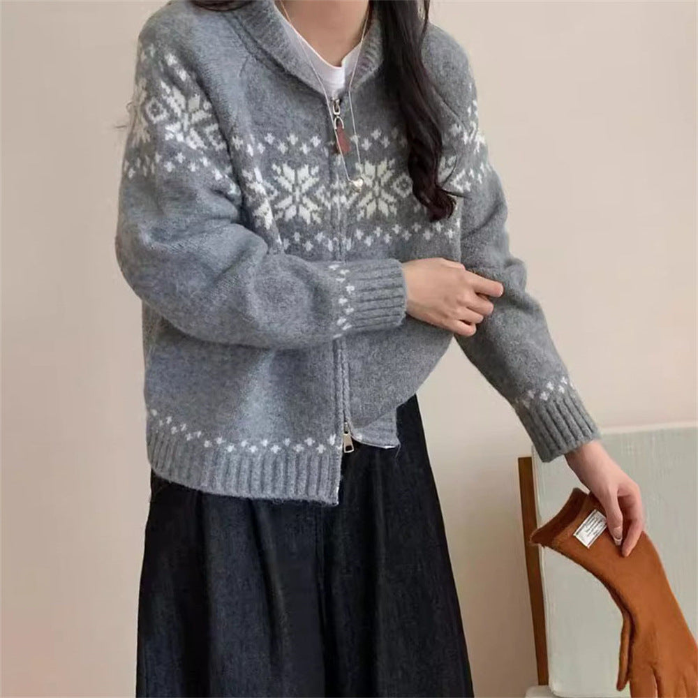 Retro Contrast Color Jacquard Weave Zip Sweater Women's Coat