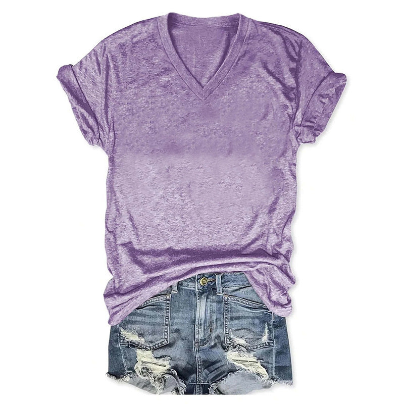 Europe And America Spring And Summer Solid Color Printing T-shirt V-neck Pullover