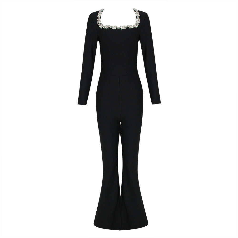 Women's Fashion Diamond Hollow High Waist Slim-fit Solid Color Jumpsuit