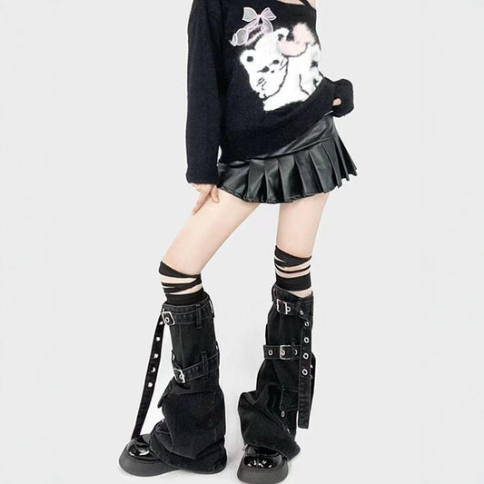 Metal Buckle Strap Workwear With Pocket Denim Leg Warmer