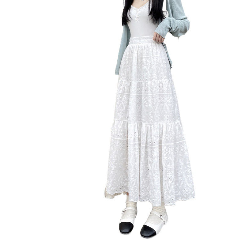 New French Style Retro Elastic Waist Pure Cotton Embroidery Long Dress