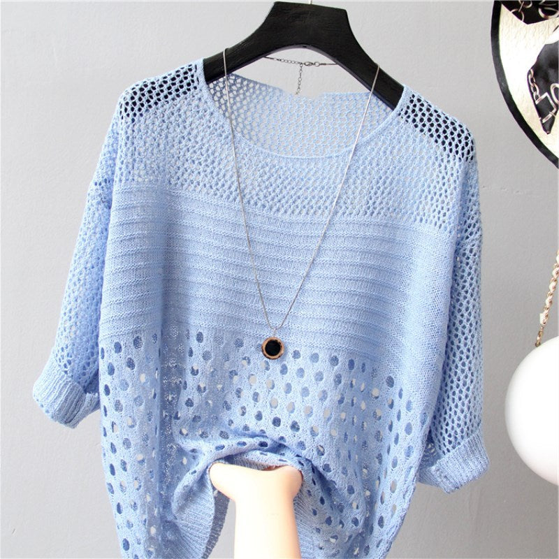 New Women's Loose Scoop Neck Thin Hollow Knit Blouse