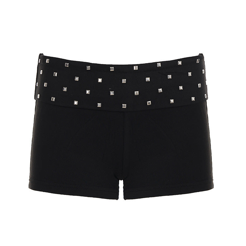 Cross-border New Slim-fit Figure-flattering Black Casual Knitted Mini Shorts With Rivets And A Low Waist