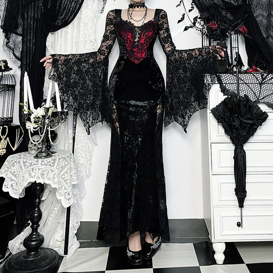 Vampire Chain Long-Sleeve Dress Subculture-Style Lace-Patchwork Maxi Dress