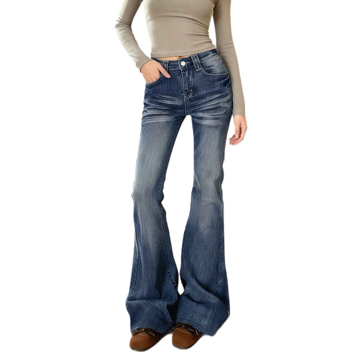 Womens Vintage Distressed Washed Denim Jeans With A Low Waist