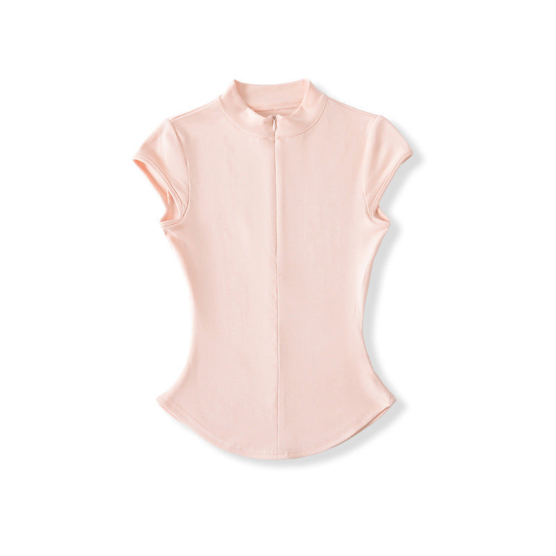 Round Neck Zipper Short Sleeved T-shirt