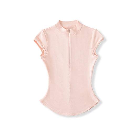 Round Neck Zipper Short Sleeved T-shirt