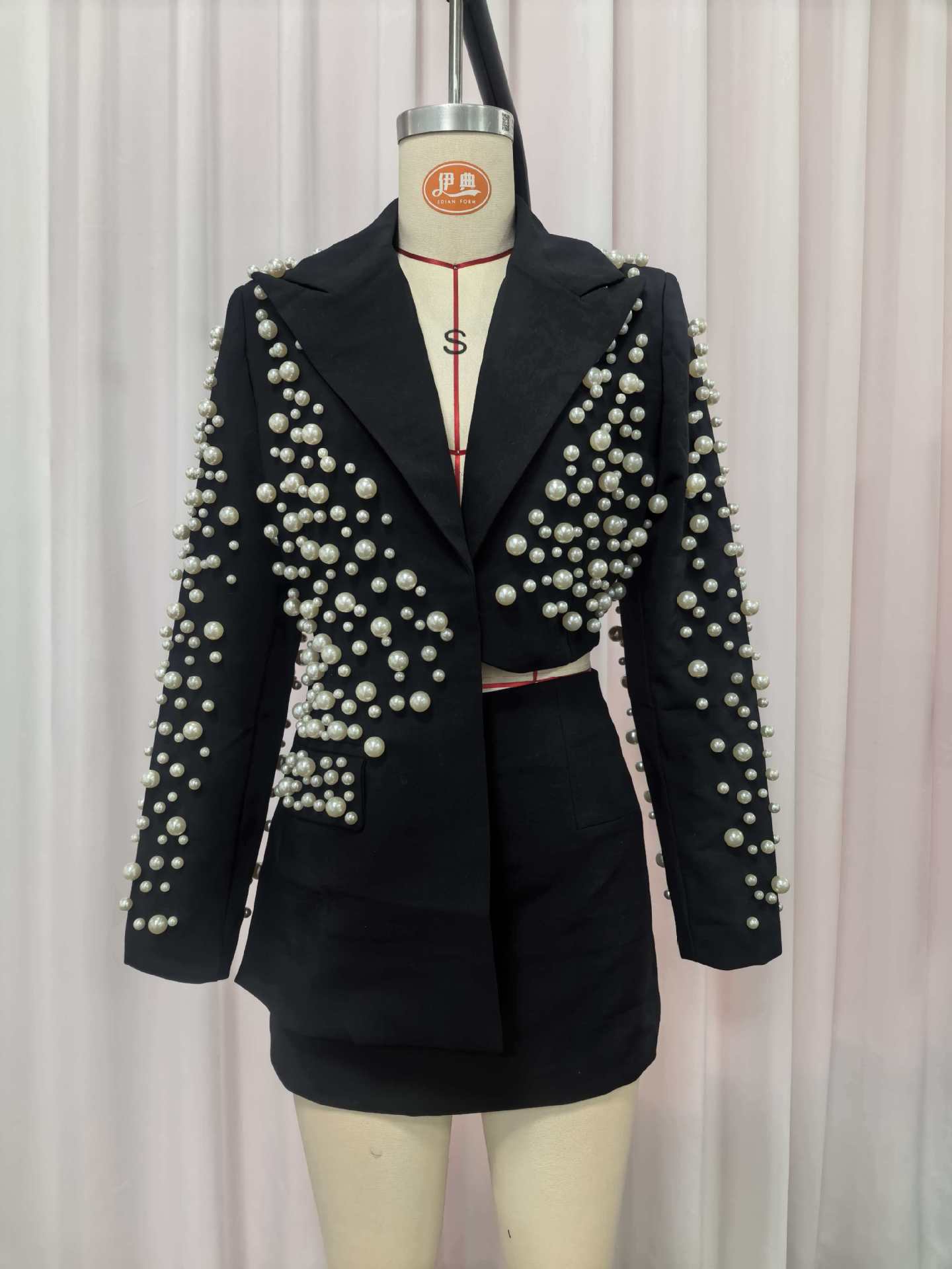 Two Piece Formal Suit Womens Hand Stitched Pearl Blazer And Skirt Set