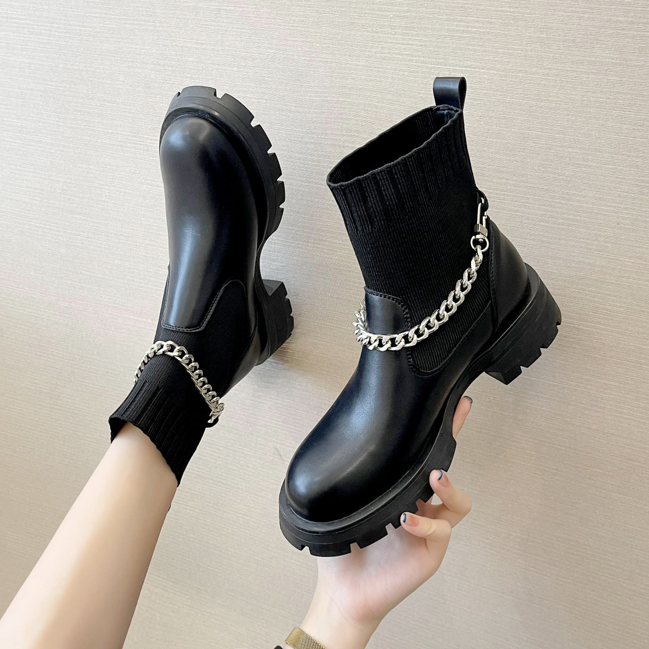 Retro Style Chain Martin Knitted Stretch Two-wear Short Boots
