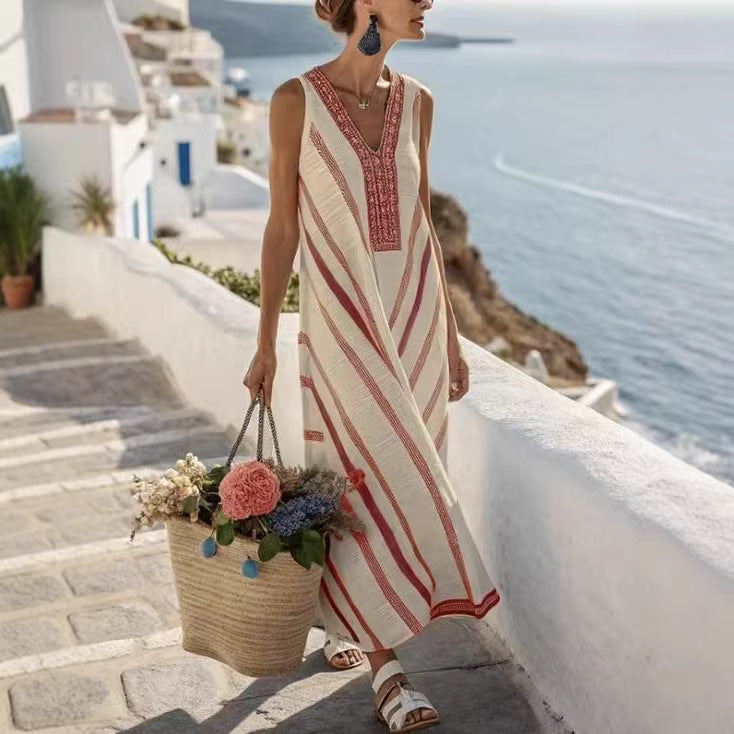 Printed Vacation-Style V-Neck Striped Sleeveless Dress
