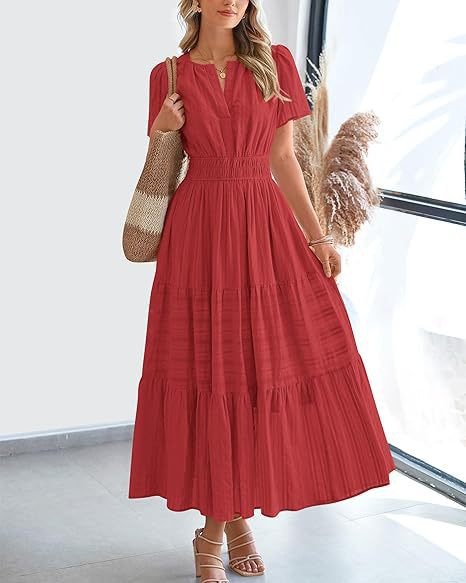 Vneck Pleated Puff Sleeve Layered Maxi Dress For Women