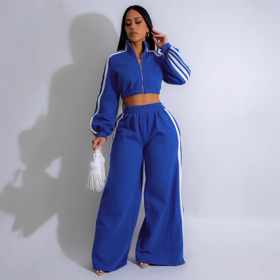 Striped Zipper Thickening Sweater Leisure Commute Suit