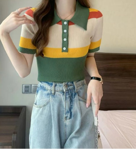 Color Stitching Lapel T-shirt Slim Fit And Slim Short Sleeves
