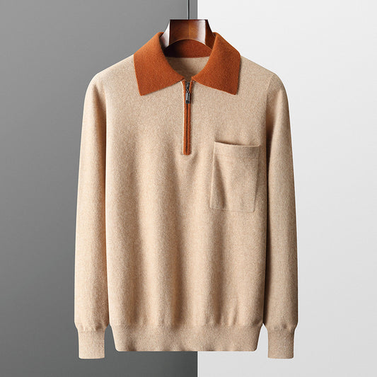Foreign Trade Men's Autumn And Winter Contrast Color Wool Knitted Half-open Polo Long-sleeved Fleece Sweater
