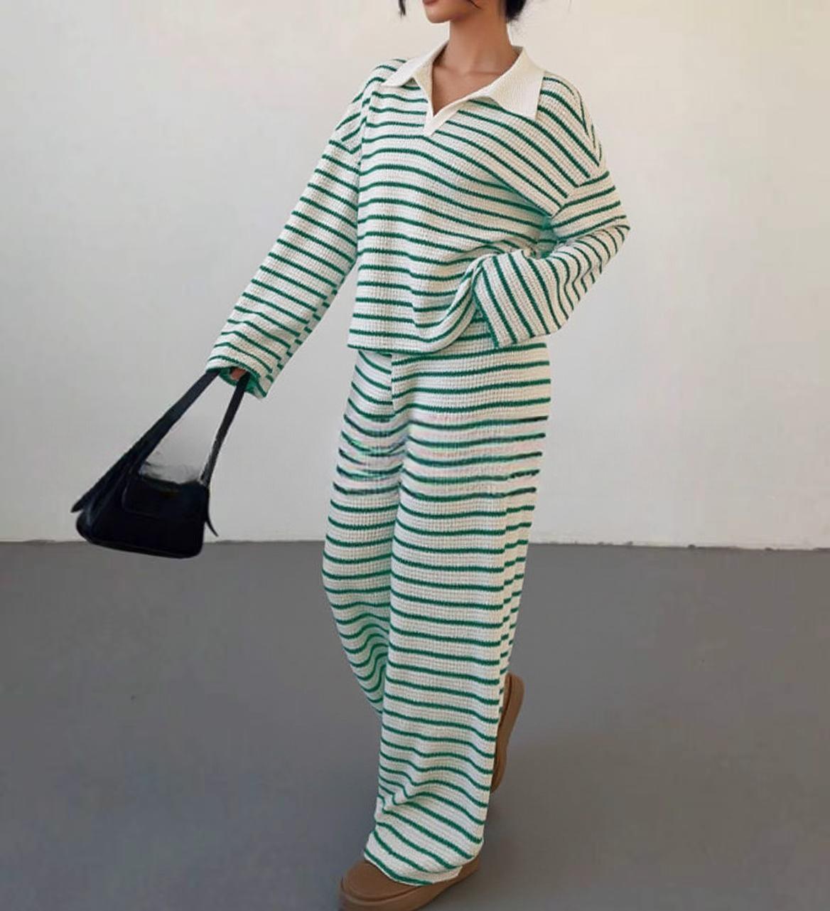 Striped Lapel Fashionable Knitted Loose Long Sleeve Top Casual Trousers Suit