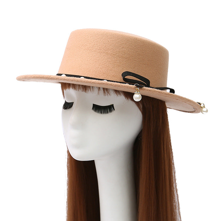 Flat Top Hat Women's Pearl Wool Felt Hat