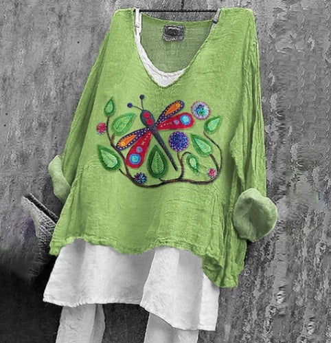 Women's Colorful Dragonfly Pattern Print Cotton Linen Shirt