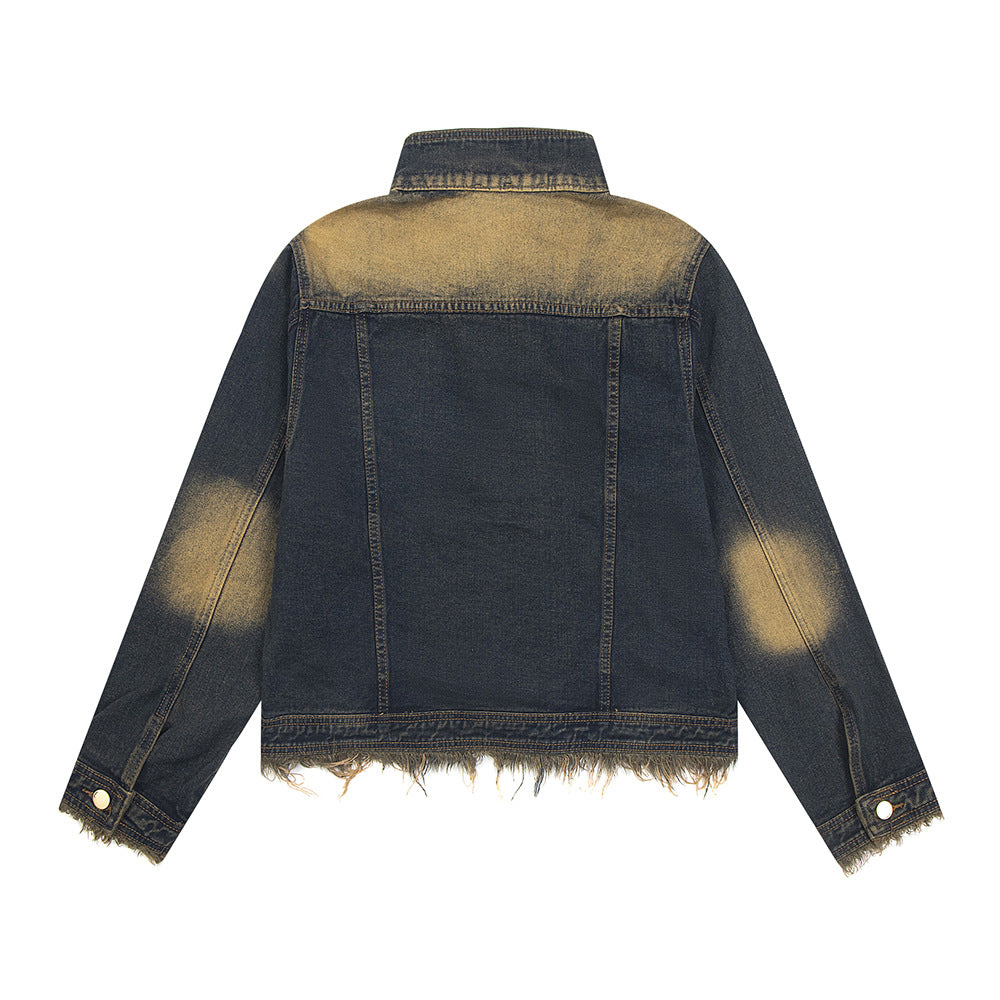 Waste Soil Spray Painting Distressed Raw Edge Denim Stand Collar Short Coat