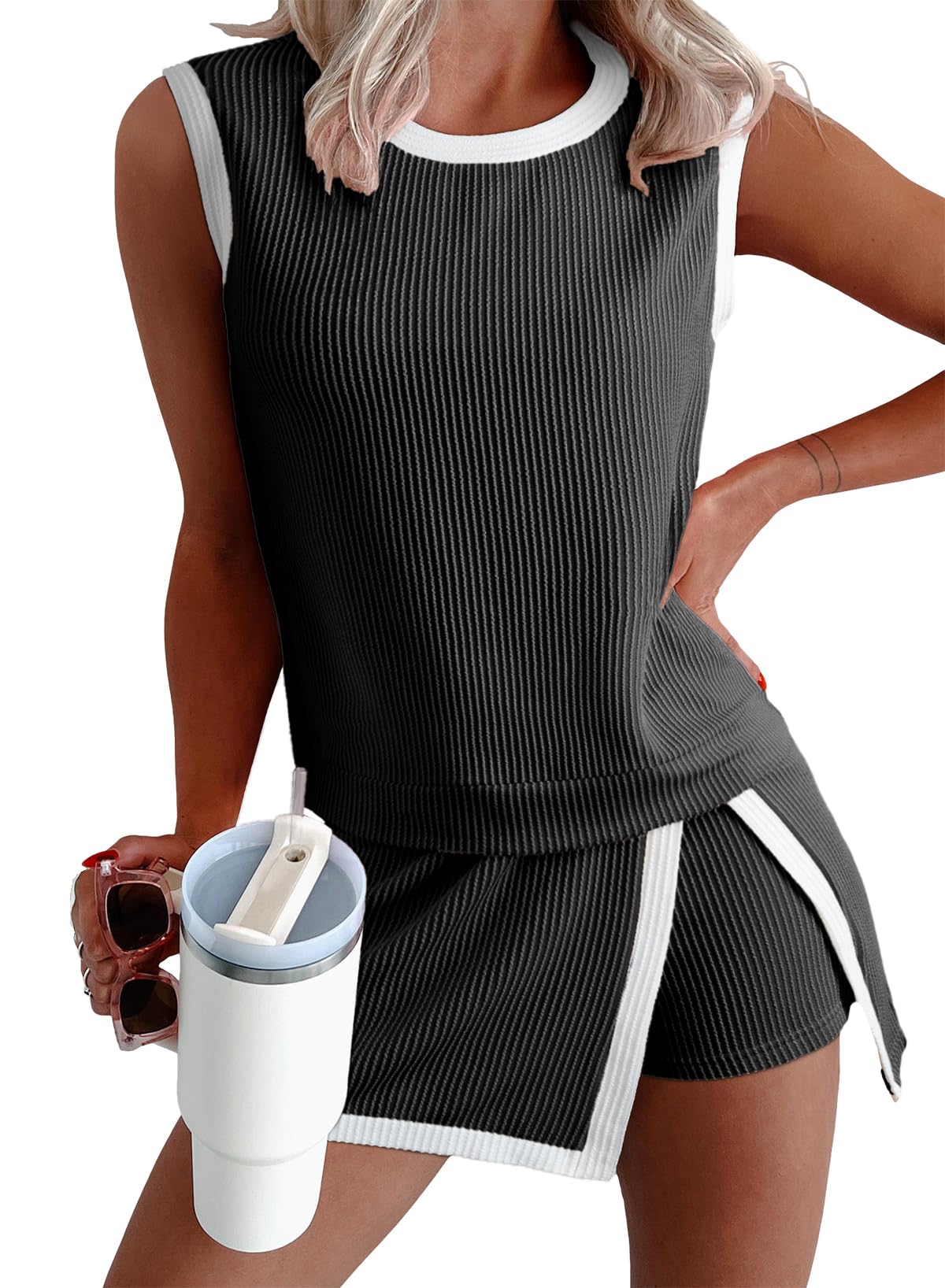 Ribbed Sleeveless Top Shorts Set Women Summer Casual Two Piece Outfit 1Set