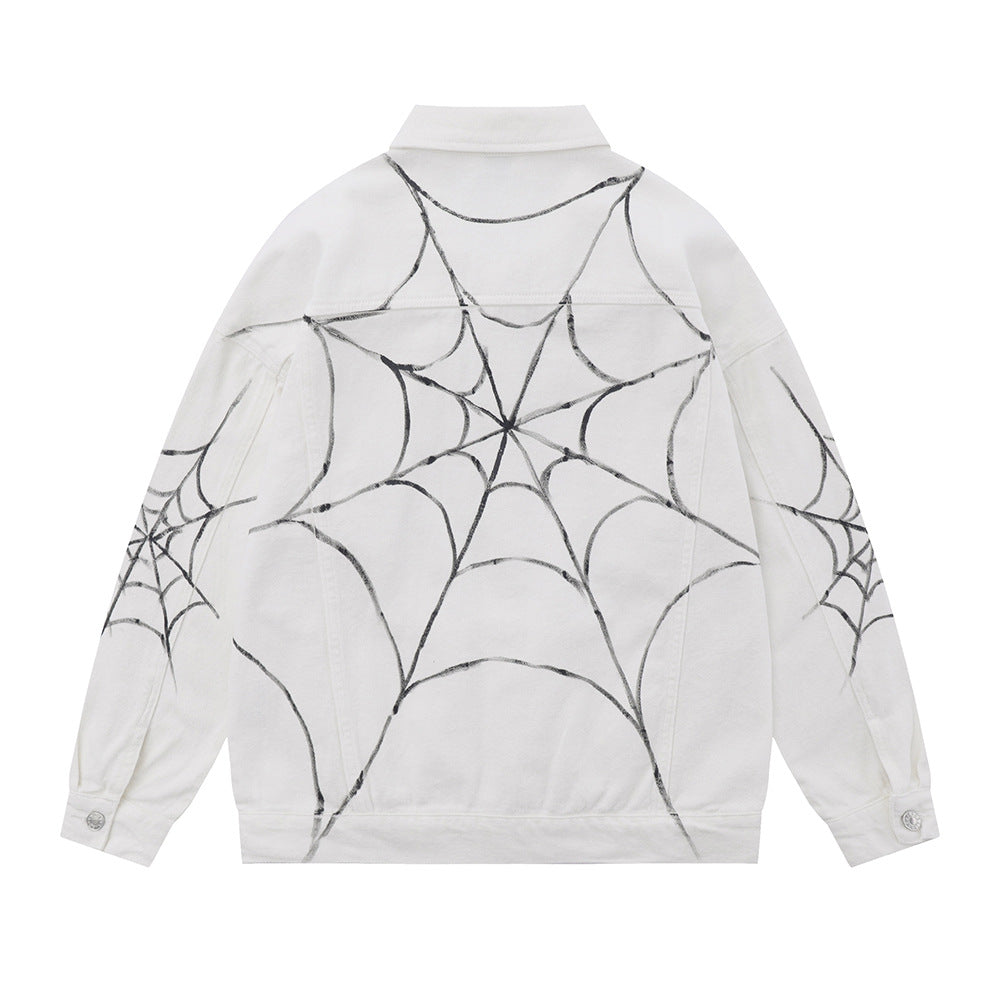 Spring And Autumn Jacket Men's Spider Web Printed Design Sense Niche High Street Washed And Worn Denim Coat