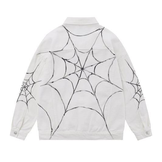 Spring And Autumn Jacket Men's Spider Web Printed Design Sense Niche High Street Washed And Worn Denim Coat