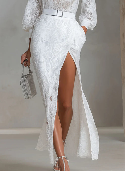 Elegant Round-neck Lace Long-sleeved Top And Slit Lace Skirt Set