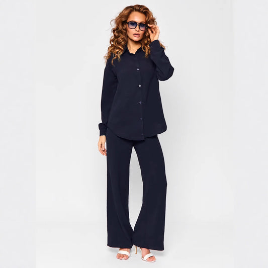 New French-style Casual Relaxed Chic Two-piece Loungewear Set Loose Commuter Shirt And Pants Suit For Women