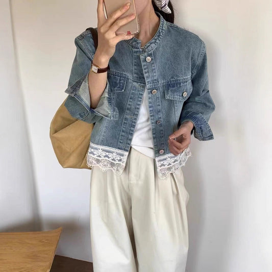 Retro Vasket Lille Krave Blonde Syning Løs Afslappet Denimjakke til Damer Kort