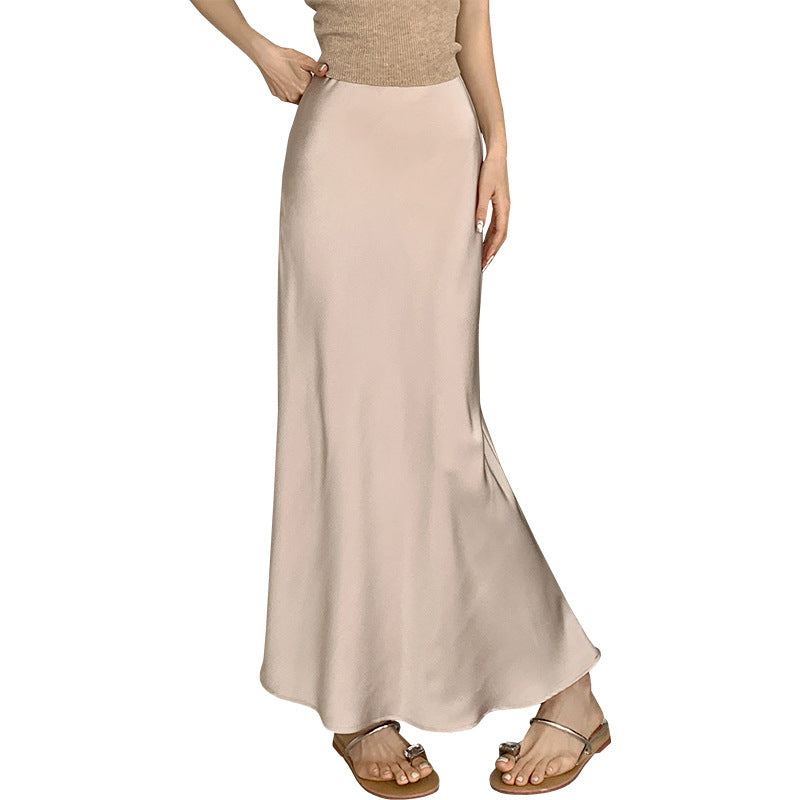 French Style Vintage Satin Sheath Fishtail Skirt Long Women